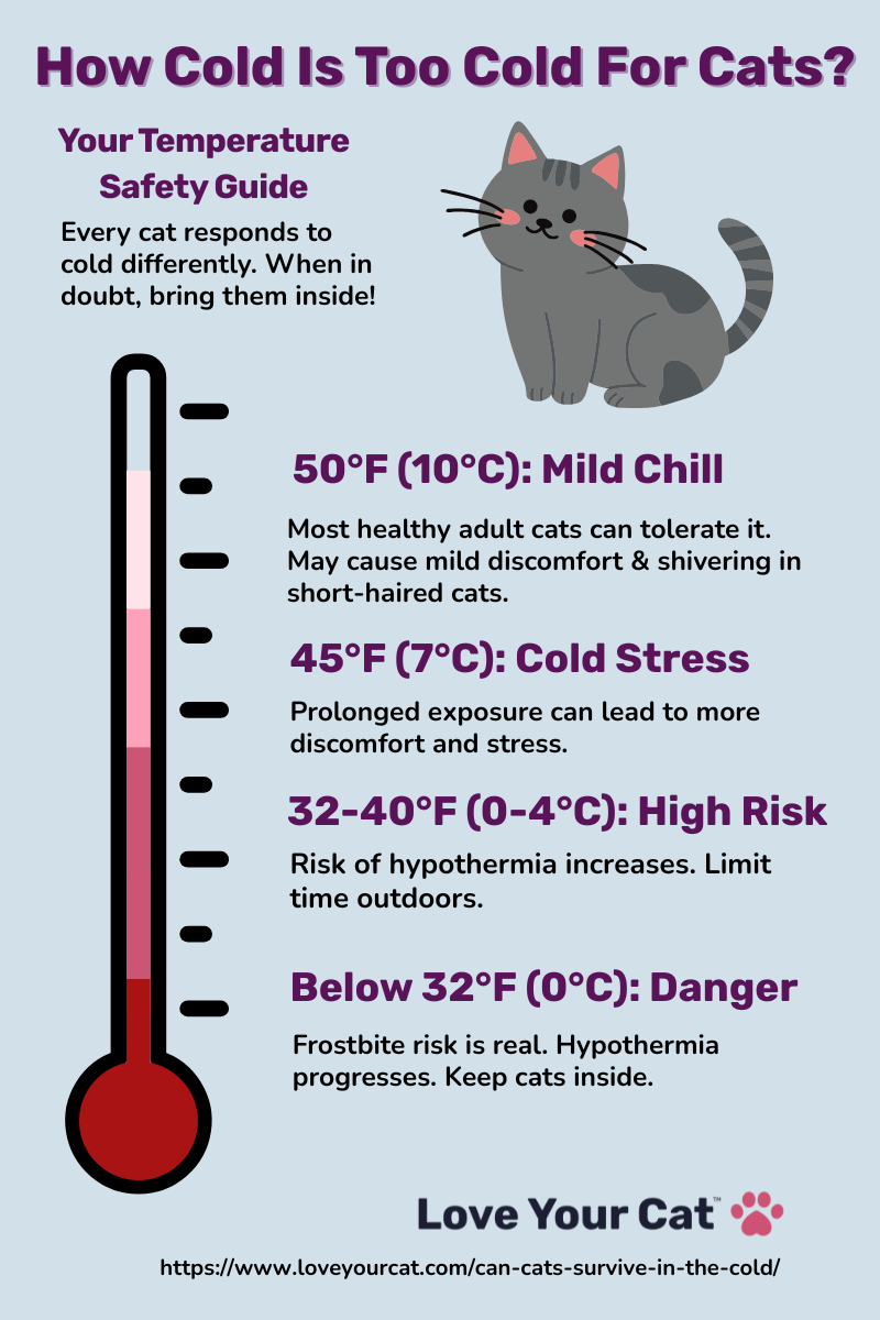 Infographic describing the temperature levels and safety factors for cats in the cold.