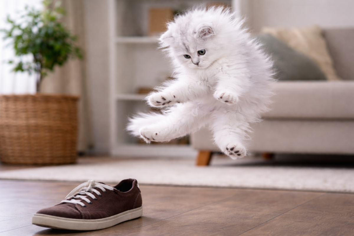A white kitten launching in air scared of a shoe on the floor. 