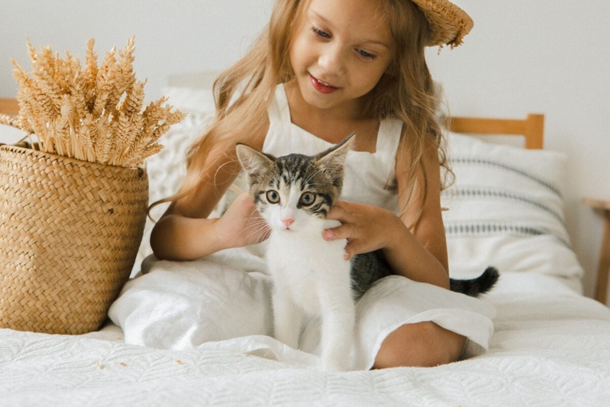 Little girl petting a young tabby cat on a bed.