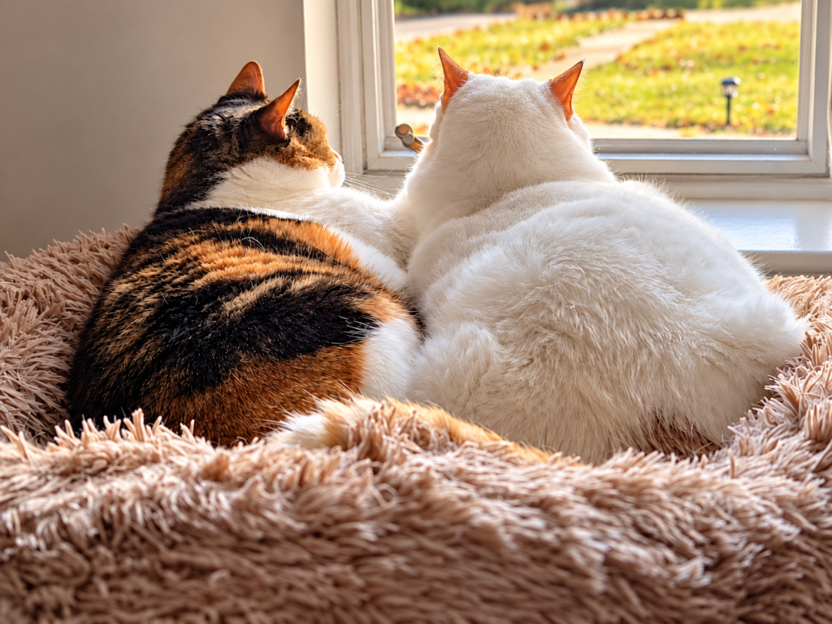 two cats sitting in a sunny window spot